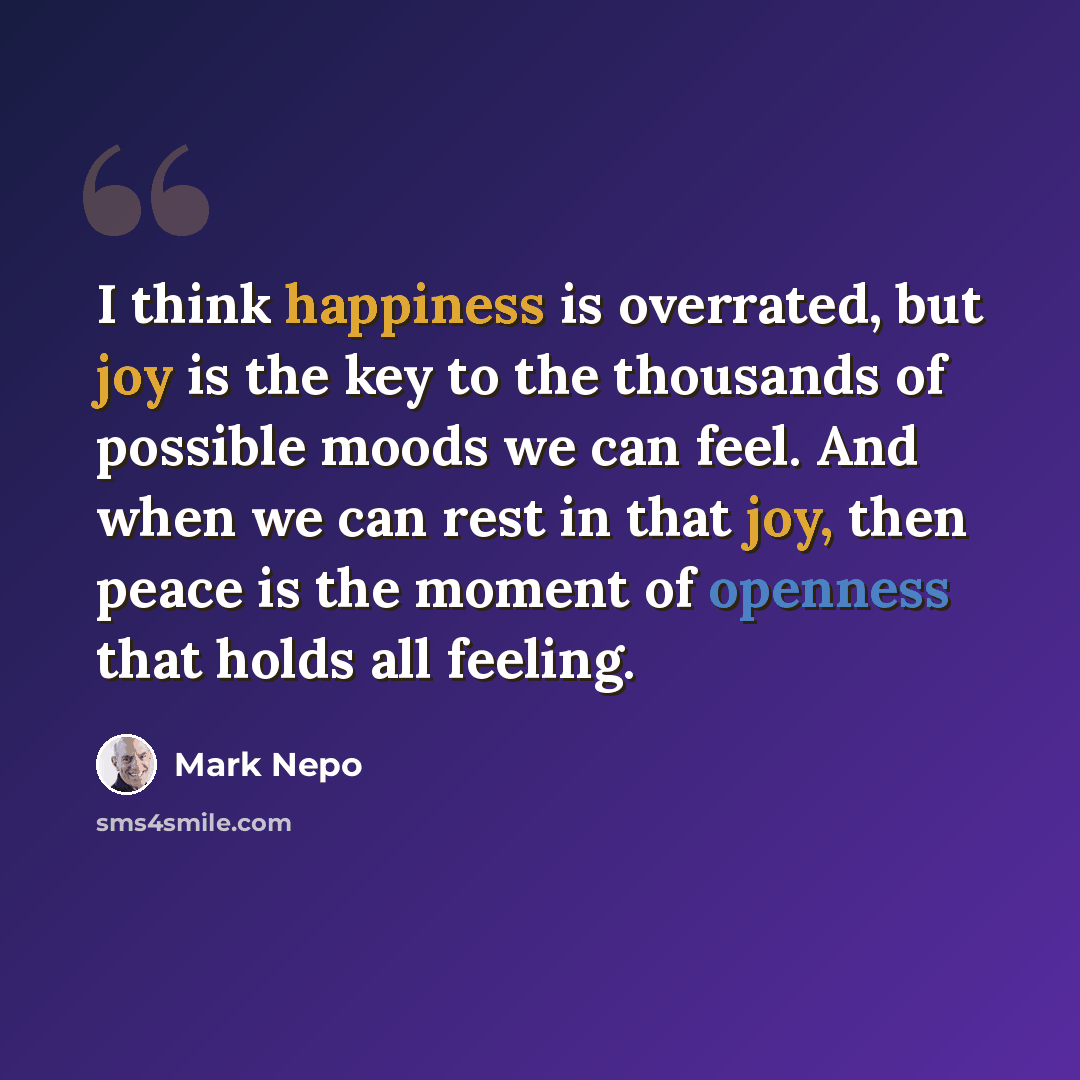 “I think happiness is overrated, but joy is the key to the thousands of possible moods we can feel. And when we can rest in that joy, then peace is the moment of openness that holds all feeling.” quote by Mark Nepo