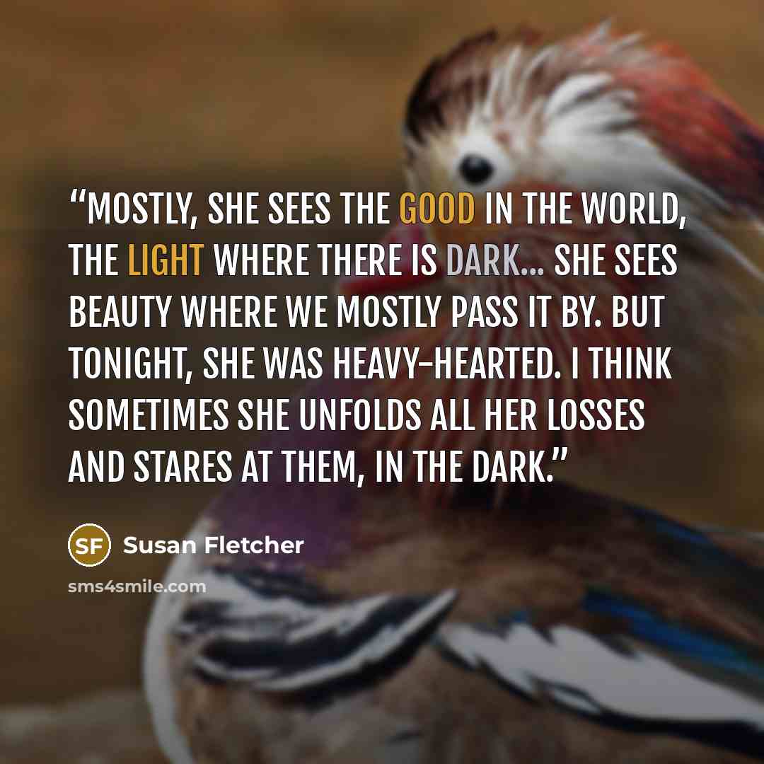 “Mostly, she sees the good in the world, the light where there is dark... She sees beauty where we mostly pass it by. But tonight, she was heavy-hearted. I think sometimes she unfolds all her losses and stares at them, in the dark.” quote by Susan Fletcher