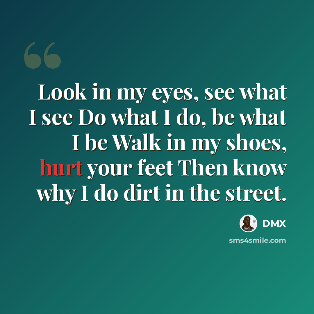 “Look in my eyes, see what I see Do what I do, be what I be Walk in my shoes, hurt your feet Then know why I do dirt in the street.” quote by DMX