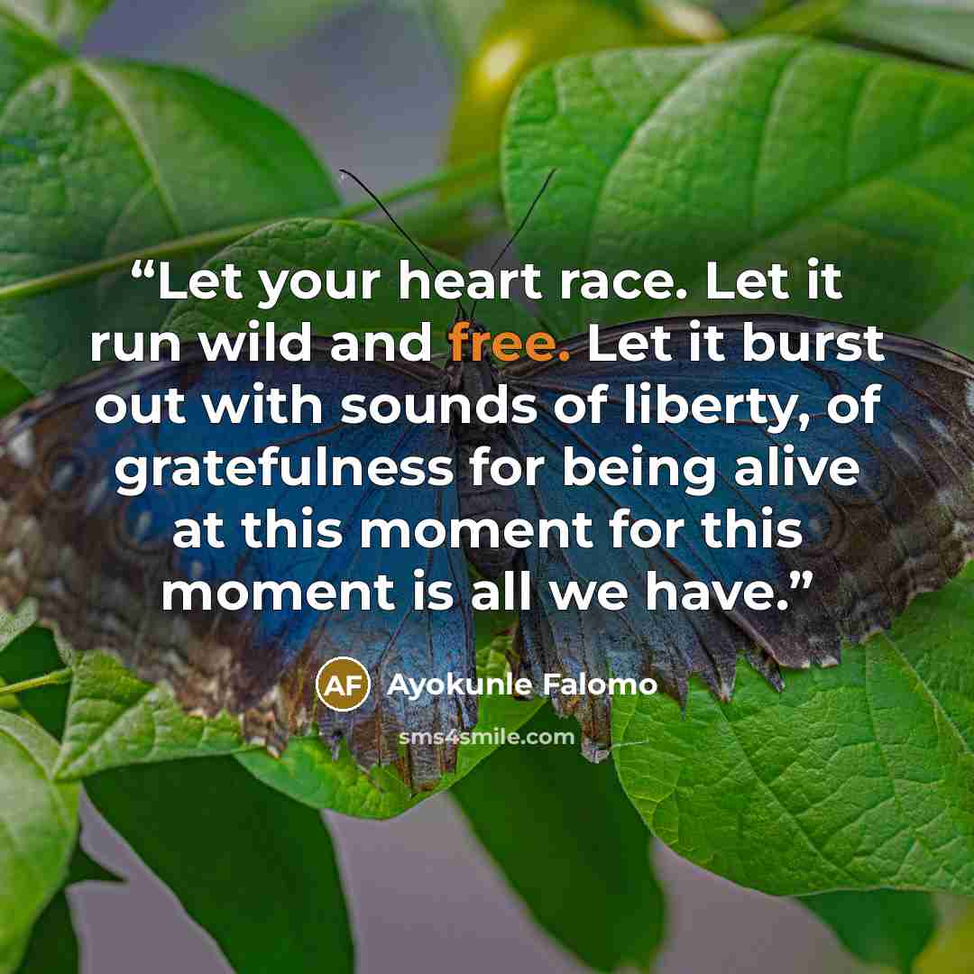 “Let your heart race. Let it run wild and free. Let it burst out with sounds of liberty, of gratefulness for being alive at this moment for this moment is all we have.” quote by Ayokunle Falomo