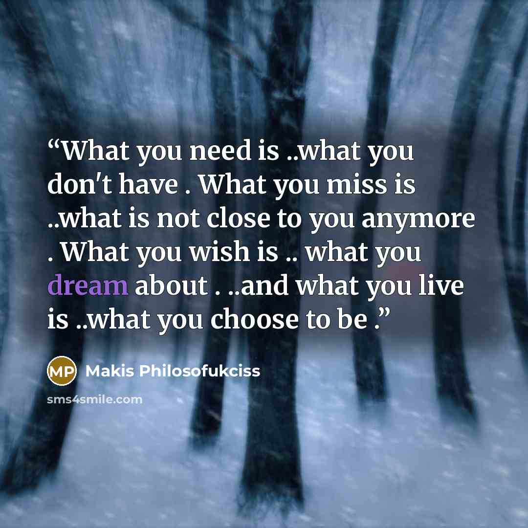 “What you need is ..what you don't have . What you miss is ..what is not close to you anymore . What you wish is .. what you dream about . ..and what you live is ..what you choose to be .” quote by Makis Philosofukciss