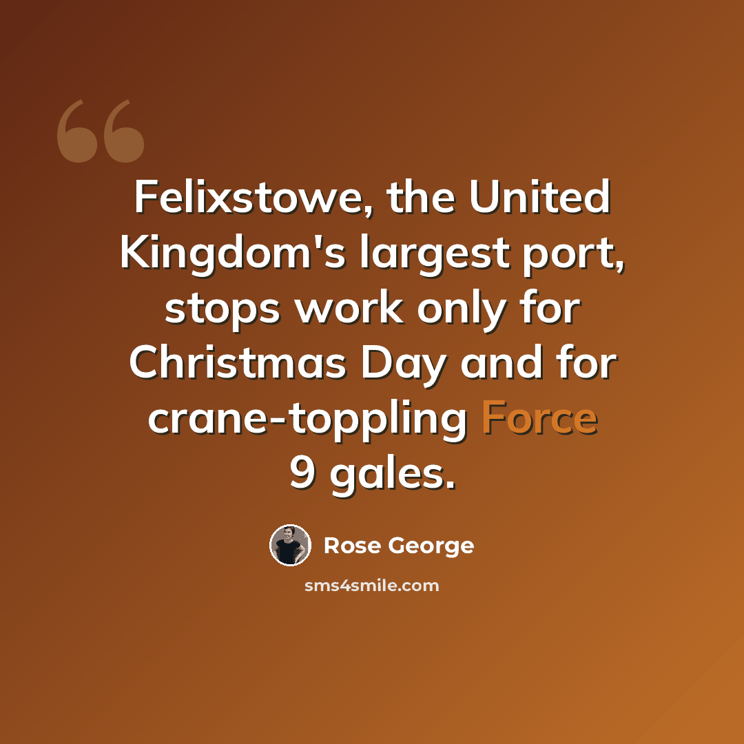 “Felixstowe, the United Kingdom's largest port, stops work only for Christmas Day and for crane-toppling Force 9 gales.” quote by Rose George