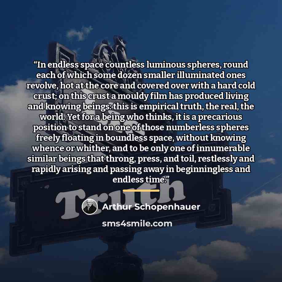 “In endless space countless luminous spheres, round each of which some dozen smaller illuminated ones revolve, hot at the core and covered over with a hard cold crust; on this crust a mouldy film has produced living and knowing beings: this is empirical truth, the real, the world. Yet for a being…” quote by Arthur Schopenhauer