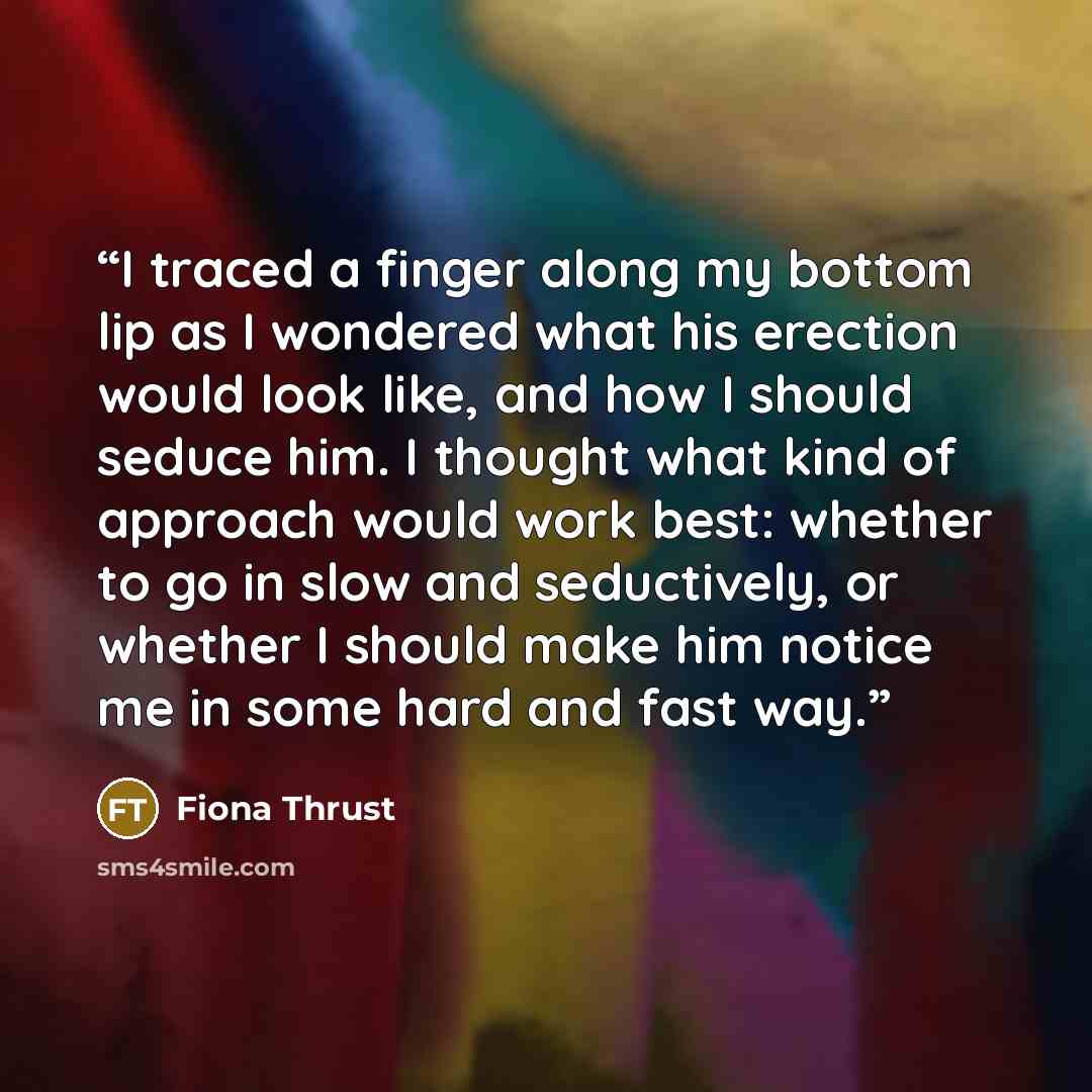 “I traced a finger along my bottom lip as I wondered what his erection would look like, and how I should seduce him. I thought what kind of approach would work best: whether to go in slow and seductively, or whether I should make him notice me in some hard and fast way.” quote by Fiona Thrust