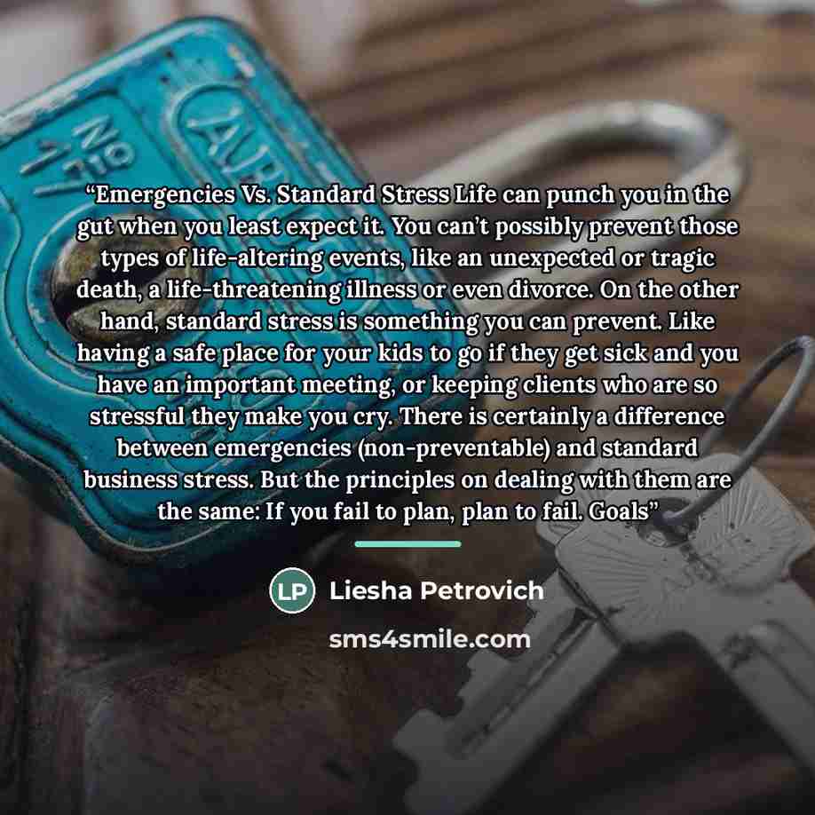 “Emergencies Vs. Standard Stress Life can punch you in the gut when you least expect it. You can’t possibly prevent those types of life-altering events, like an unexpected or tragic death, a life-threatening illness or even divorce. On the other hand, standard stress is something you can prevent…” quote by Liesha Petrovich