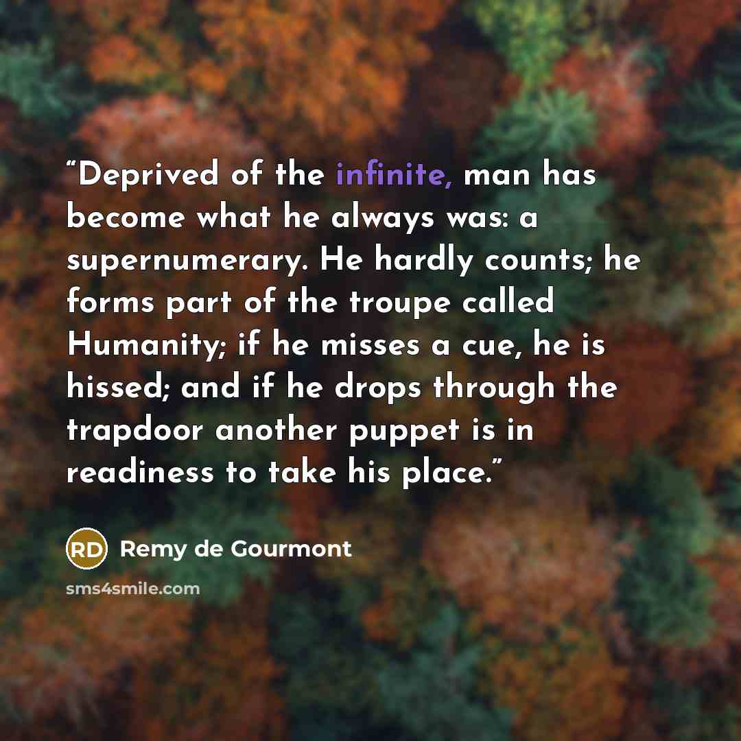 “Deprived of the infinite, man has become what he always was: a supernumerary. He hardly counts; he forms part of the troupe called Humanity; if he misses a cue, he is hissed; and if he drops through the trapdoor another puppet is in readiness to take his place.” quote by Remy de Gourmont