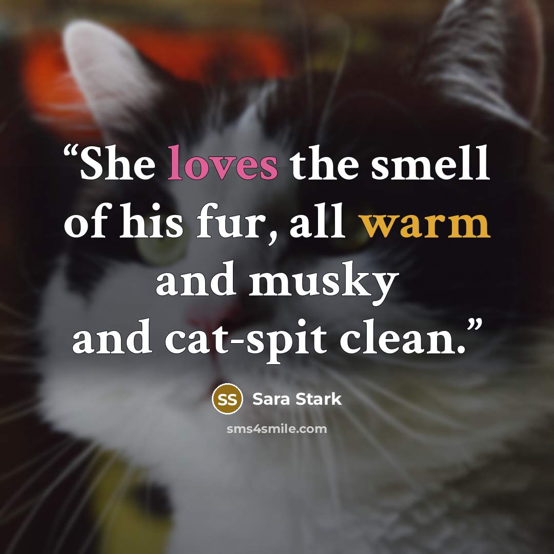 “She loves the smell of his fur, all warm and musky and cat-spit clean.” quote by Sara Stark