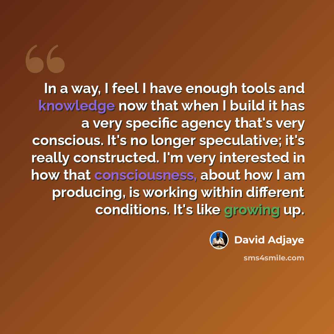 “In a way, I feel I have enough tools and knowledge now that when I build it has a very specific agency that's very conscious. It's no longer speculative; it's really constructed. I'm very interested in how that consciousness, about how I am producing, is working within different conditions. It's…” quote by David Adjaye