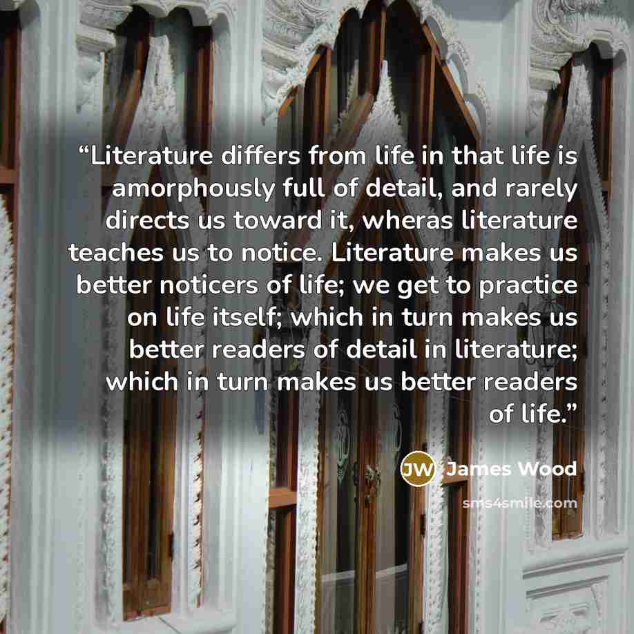 “Literature differs from life in that life is amorphously full of detail, and rarely directs us toward it, wheras literature teaches us to notice. Literature makes us better noticers of life; we get to practice on life itself; which in turn makes us better readers of detail in literature; which in…” quote by James Wood