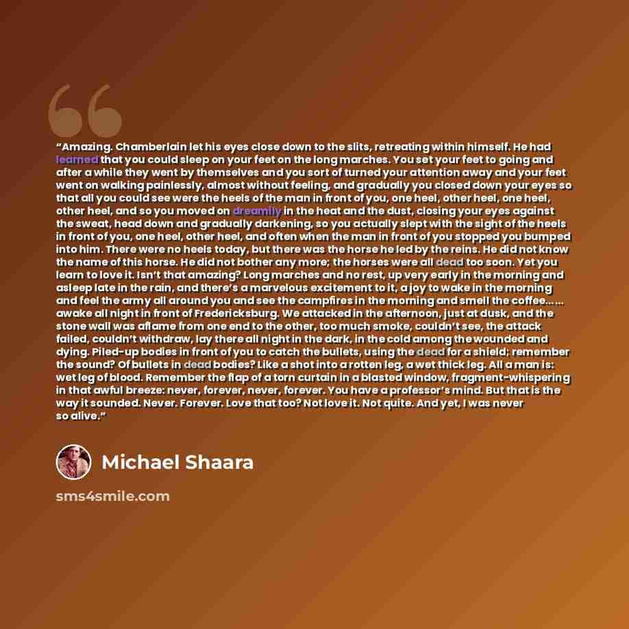 “Amazing. Chamberlain let his eyes close down to the slits, retreating within himself. He had learned that you could sleep on your feet on the long marches. You set your feet to going and after a while they went by themselves and you sort of turned your attention away and your feet went on walking…” quote by Michael Shaara
