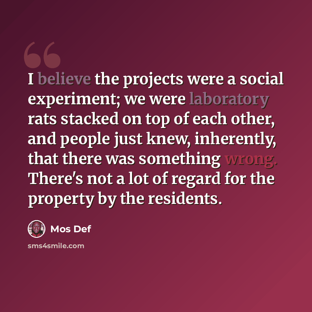 “I believe the projects were a social experiment; we were laboratory rats stacked on top of each other, and people just knew, inherently, that there was something wrong. There's not a lot of regard for the property by the residents.” quote by Mos Def