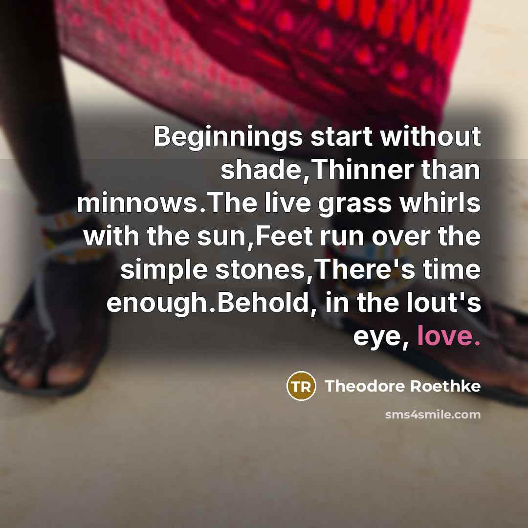 “Beginnings start without shade,Thinner than minnows.The live grass whirls with the sun,Feet run over the simple stones,There's time enough.Behold, in the lout's eye, love.” quote by Theodore Roethke
