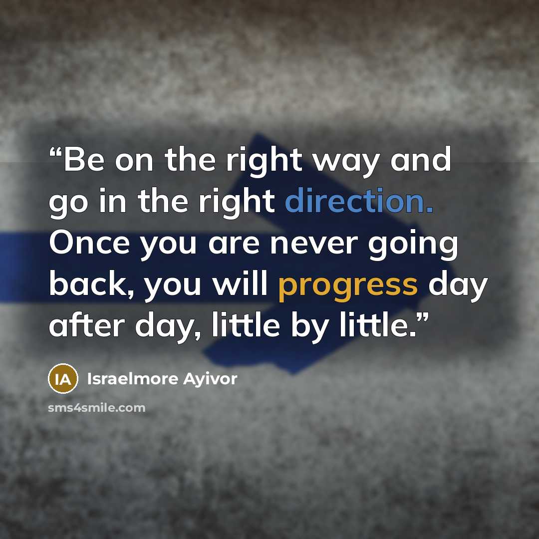 “Be on the right way and go in the right direction. Once you are never going back, you will progress day after day, little by little.” quote by Israelmore Ayivor