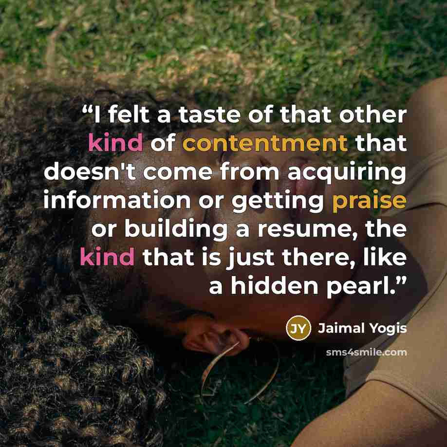 “I felt a taste of that other kind of contentment that doesn't come from acquiring information or getting praise or building a resume, the kind that is just there, like a hidden pearl.” quote by Jaimal Yogis