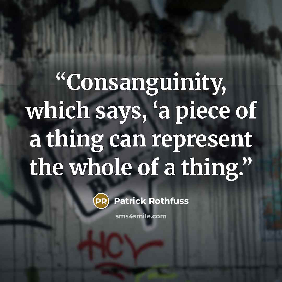“Consanguinity, which says, ‘a piece of a thing can represent the whole of a thing.” quote by Patrick Rothfuss