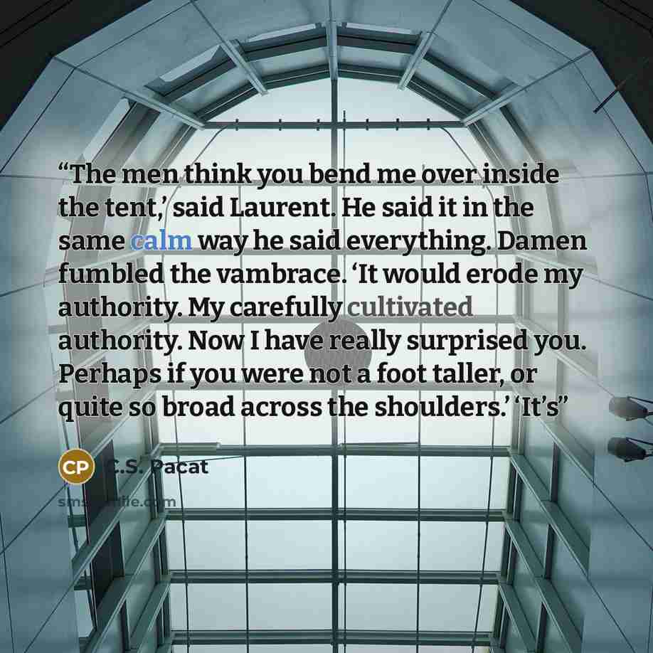 “The men think you bend me over inside the tent,’ said Laurent. He said it in the same calm way he said everything. Damen fumbled the vambrace. ‘It would erode my authority. My carefully cultivated authority. Now I have really surprised you. Perhaps if you were not a foot taller, or quite so broad…” quote by C.S. Pacat