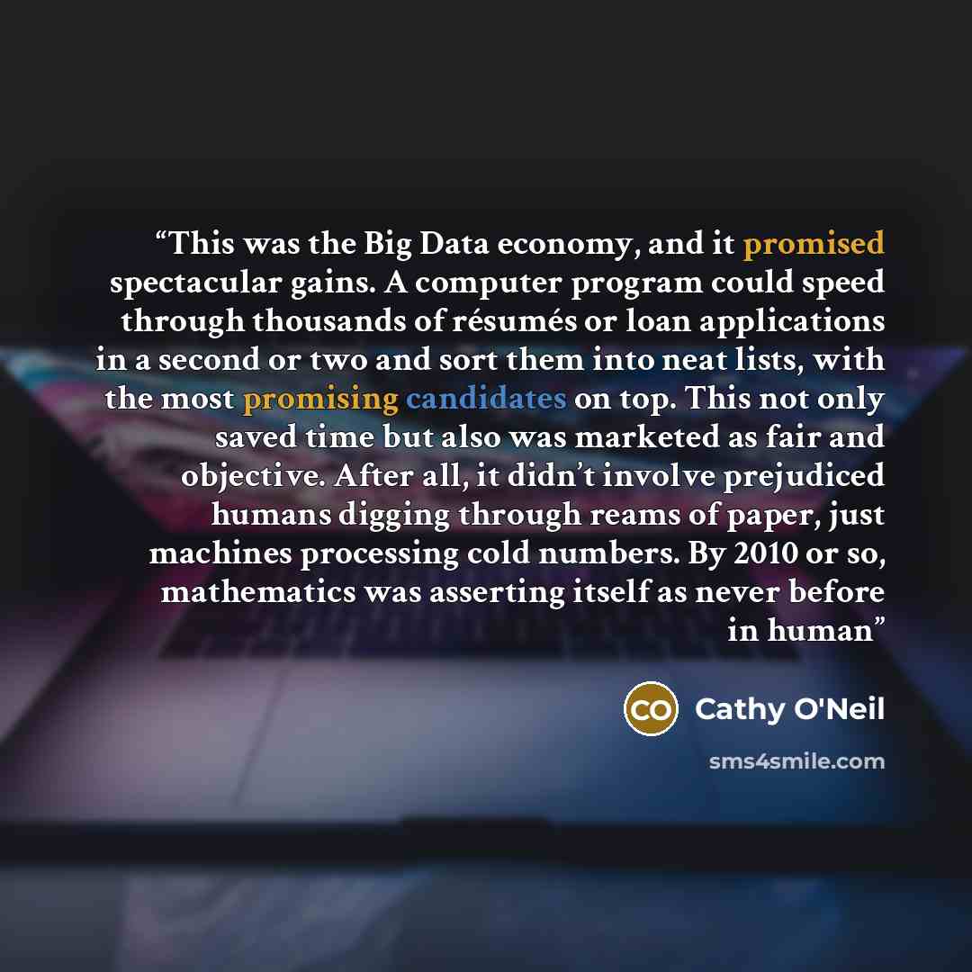 “This was the Big Data economy, and it promised spectacular gains. A computer program could speed through thousands of résumés or loan applications in a second or two and sort them into neat lists, with the most promising candidates on top. This not only saved time but also was marketed as fair and…” quote by Cathy O'Neil