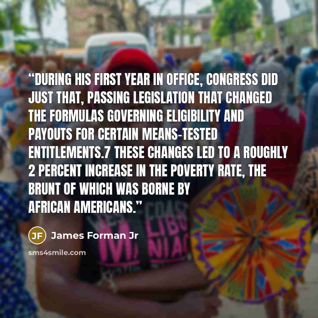 “During his first year in office, Congress did just that, passing legislation that changed the formulas governing eligibility and payouts for certain means-tested entitlements.7 These changes led to a roughly 2 percent increase in the poverty rate, the brunt of which was borne by African Americans.” quote by James Forman Jr