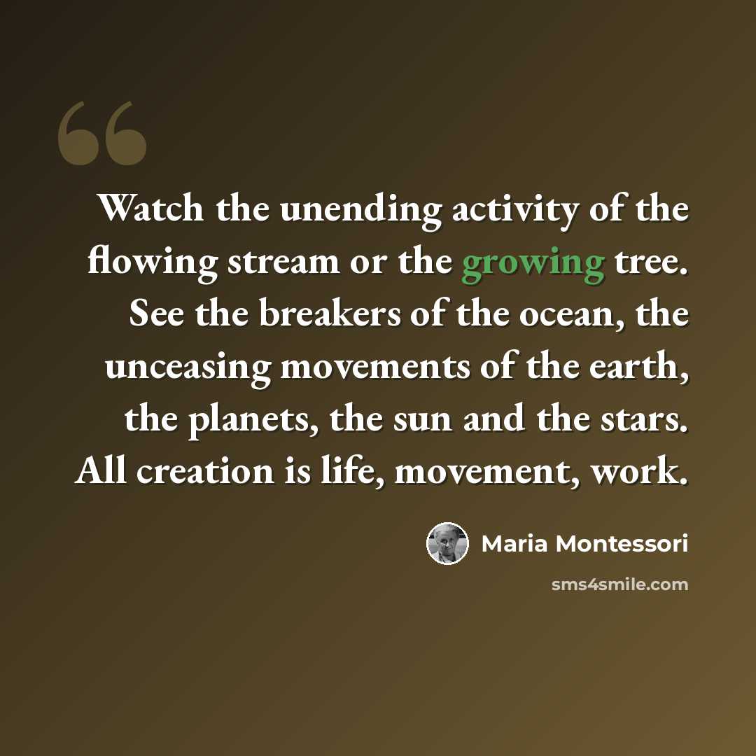“Watch the unending activity of the flowing stream or the growing tree. See the breakers of the ocean, the unceasing movements of the earth, the planets, the sun and the stars. All creation is life, movement, work.” quote by Maria Montessori