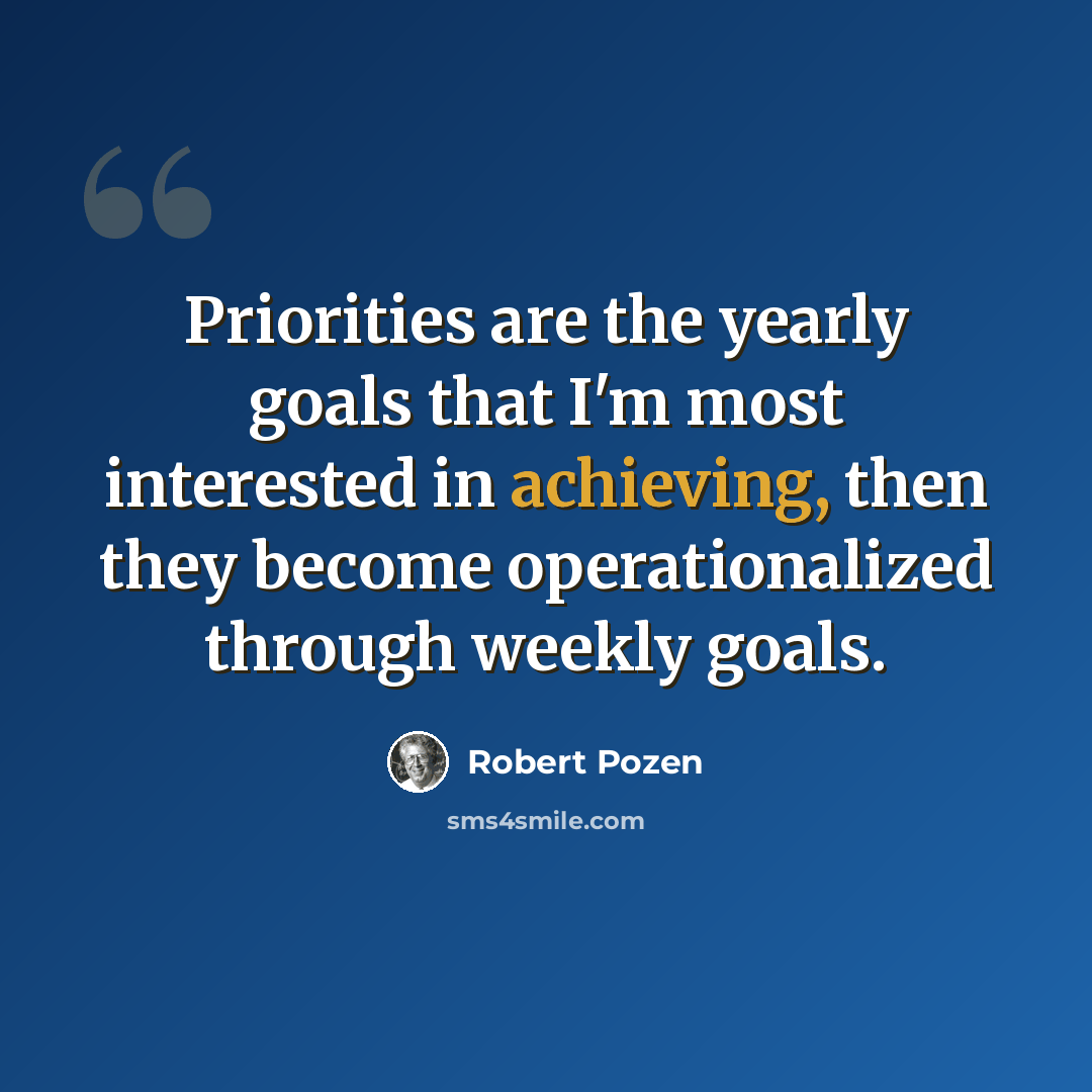 “Priorities are the yearly goals that I'm most interested in achieving, then they become operationalized through weekly goals.” quote by Robert Pozen