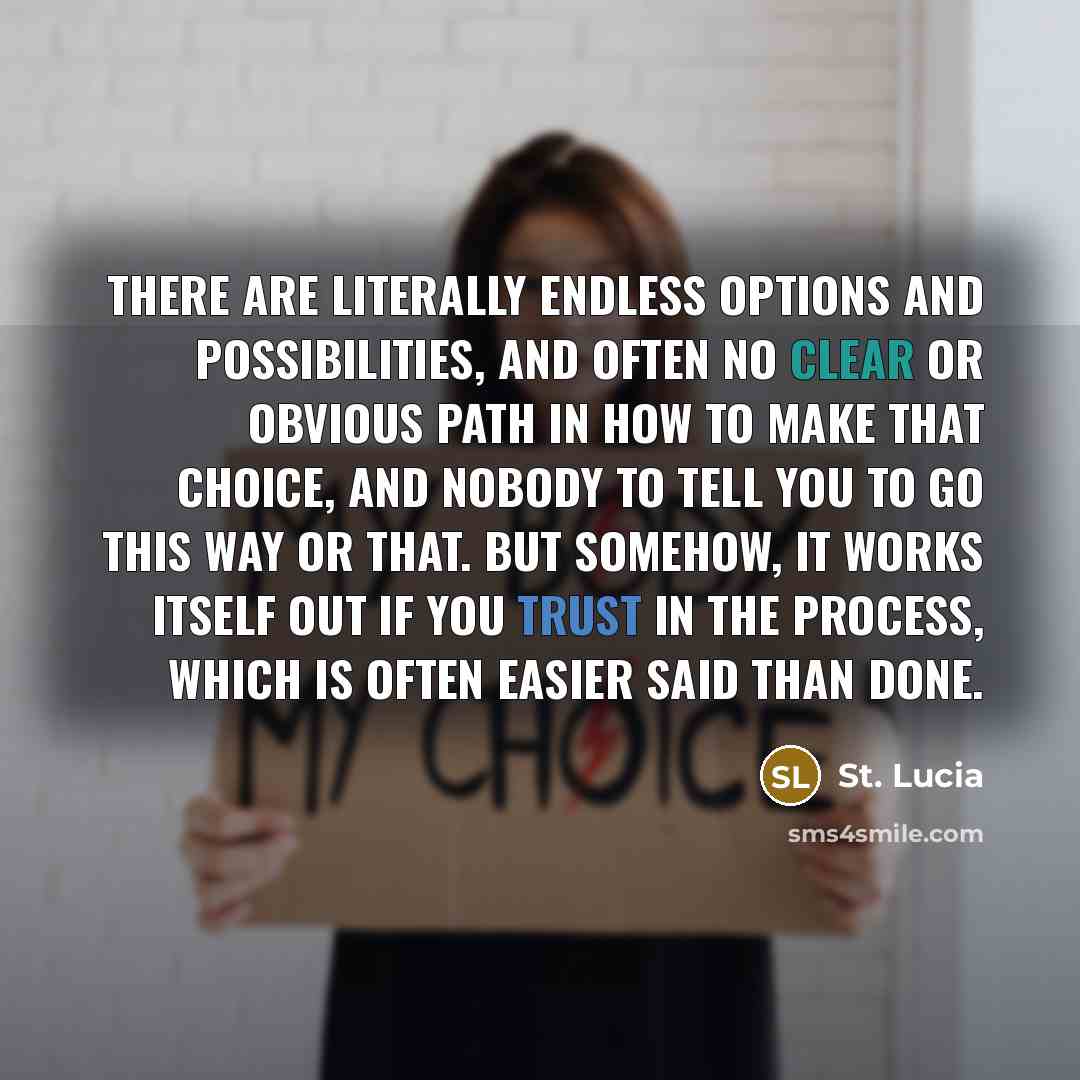 “There are literally endless options and possibilities, and often no clear or obvious path in how to make that choice, and nobody to tell you to go this way or that. But somehow, it works itself out if you trust in the process, which is often easier said than done.” quote by St. Lucia