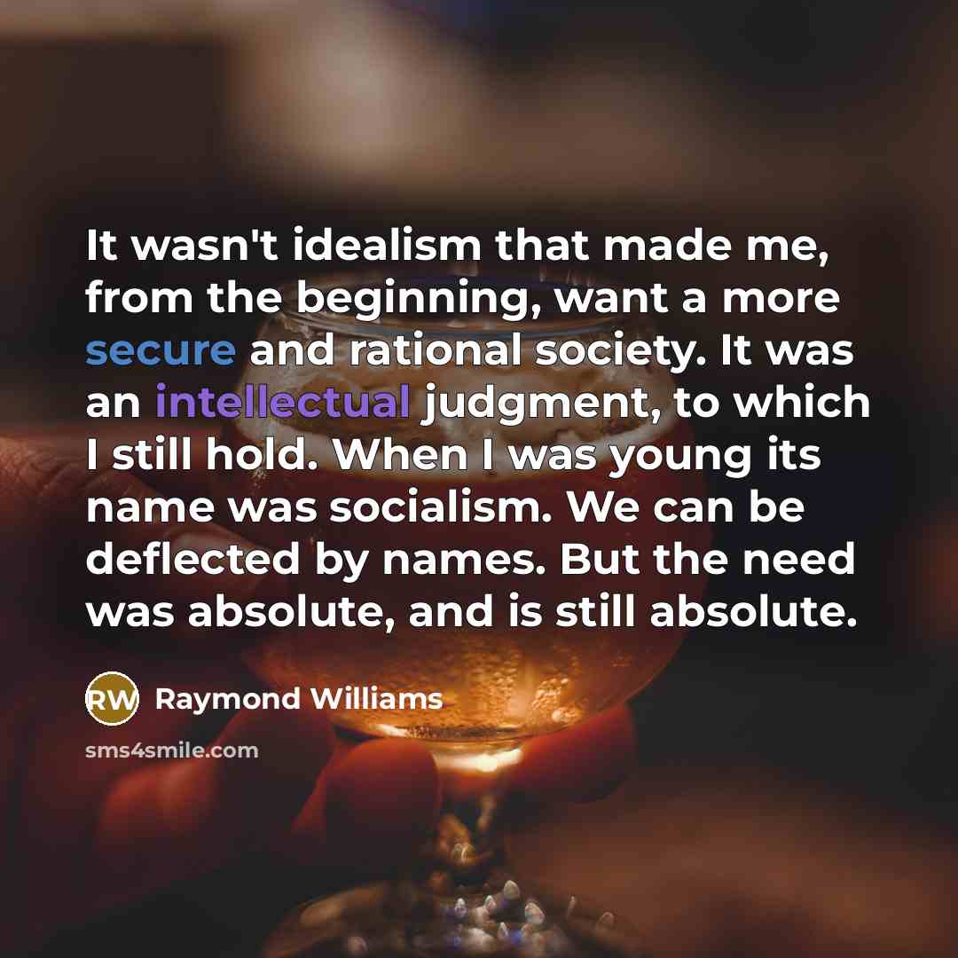 “It wasn't idealism that made me, from the beginning, want a more secure and rational society. It was an intellectual judgment, to which I still hold. When I was young its name was socialism. We can be deflected by names. But the need was absolute, and is still absolute.” quote by Raymond Williams