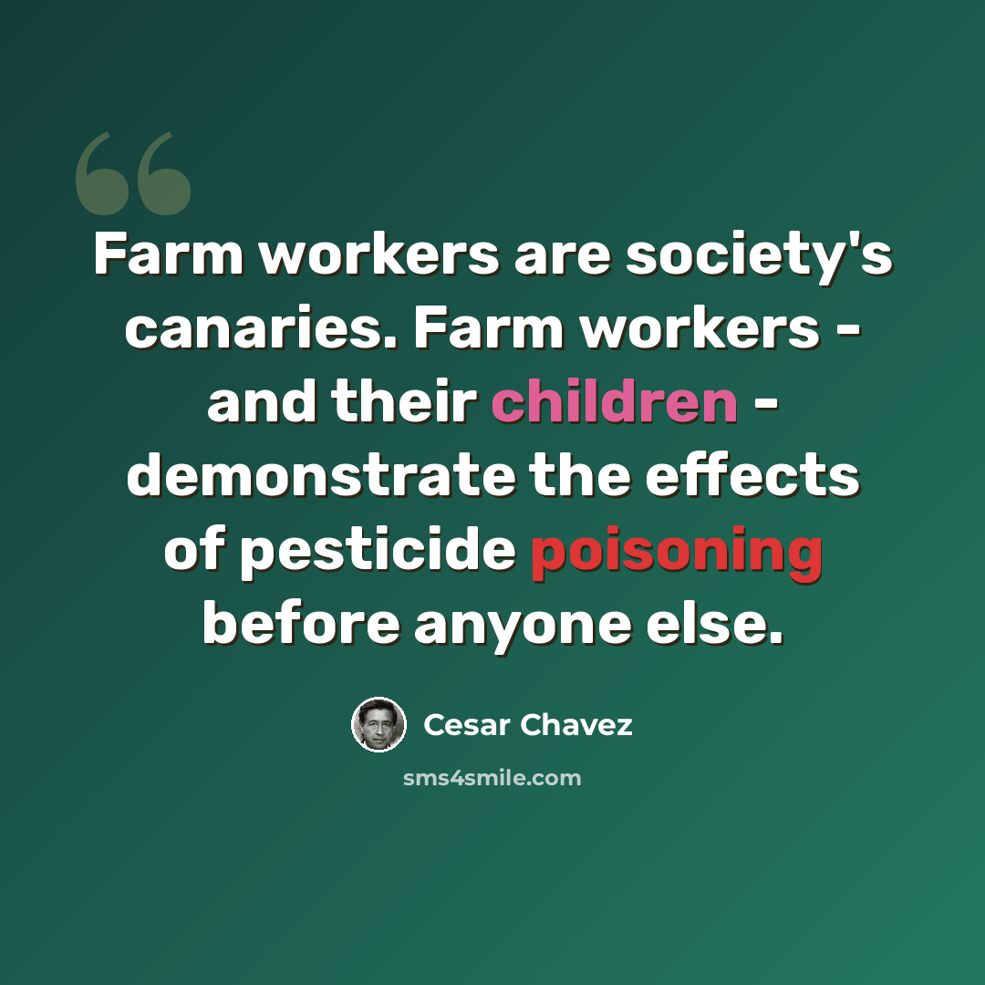“Farm workers are society's canaries. Farm workers - and their children - demonstrate the effects of pesticide poisoning before anyone else.” quote by Cesar Chavez