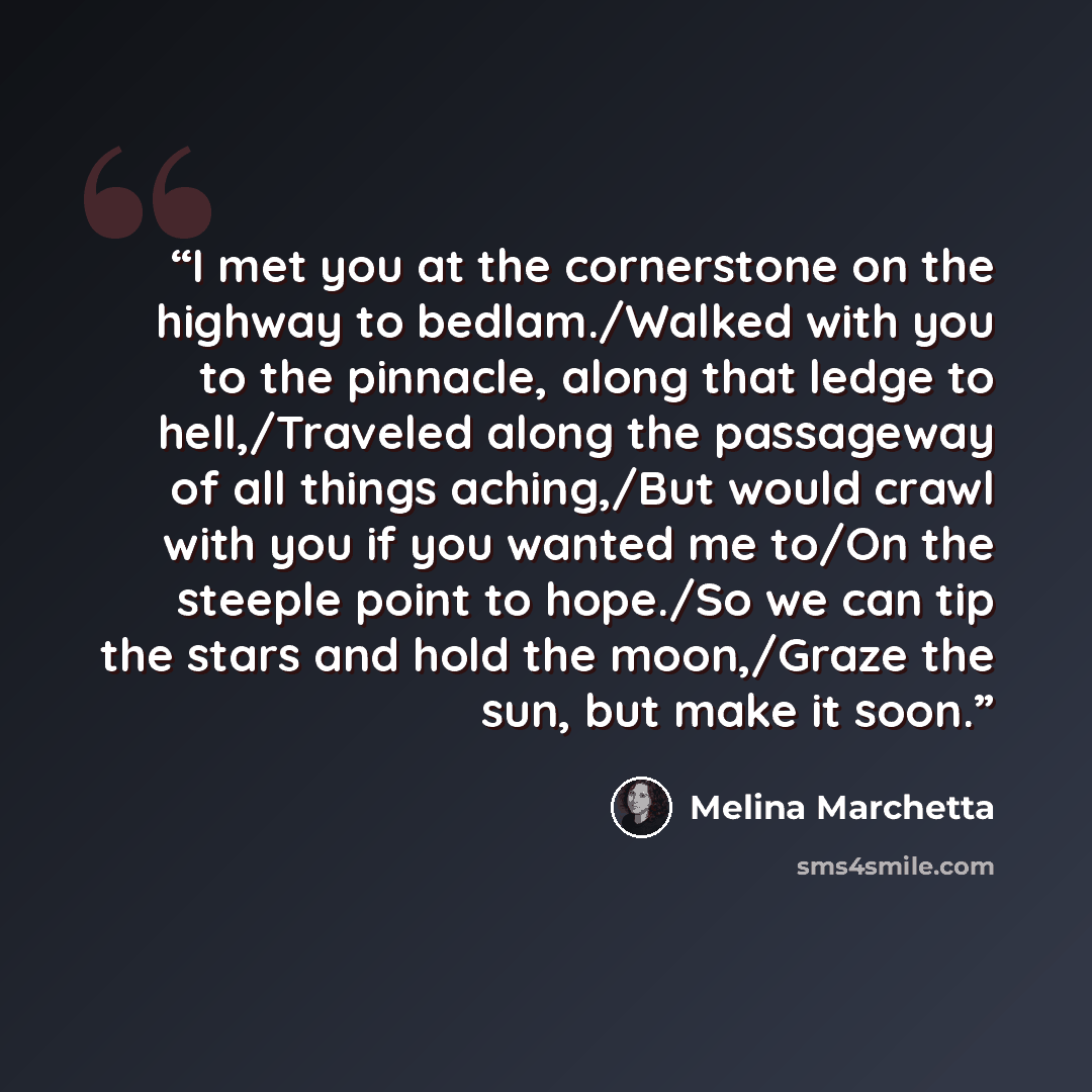 “I met you at the cornerstone on the highway to bedlam./Walked with you to the pinnacle, along that ledge to hell,/Traveled along the passageway of all things aching,/But would crawl with you if you wanted me to/On the steeple point to hope./So we can tip the stars and hold the moon,/Graze the sun…” quote by Melina Marchetta