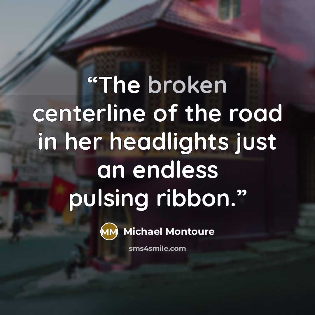 “The broken centerline of the road in her headlights just an endless pulsing ribbon.” quote by Michael Montoure
