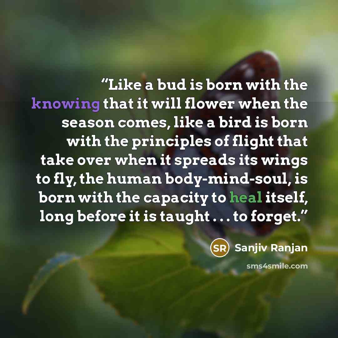 “Like a bud is born with the knowing that it will flower when the season comes, like a bird is born with the principles of flight that take over when it spreads its wings to fly, the human body-mind-soul, is born with the capacity to heal itself, long before it is taught . . . to forget.” quote by Sanjiv Ranjan