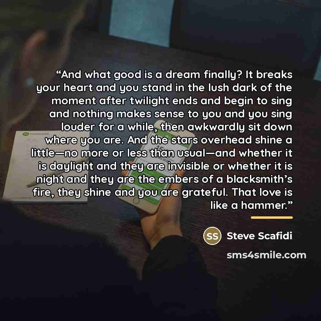 “And what good is a dream finally? It breaks your heart and you stand in the lush dark of the moment after twilight ends and begin to sing and nothing makes sense to you and you sing louder for a while, then awkwardly sit down where you are. And the stars overhead shine a little—no more or less…” quote by Steve Scafidi