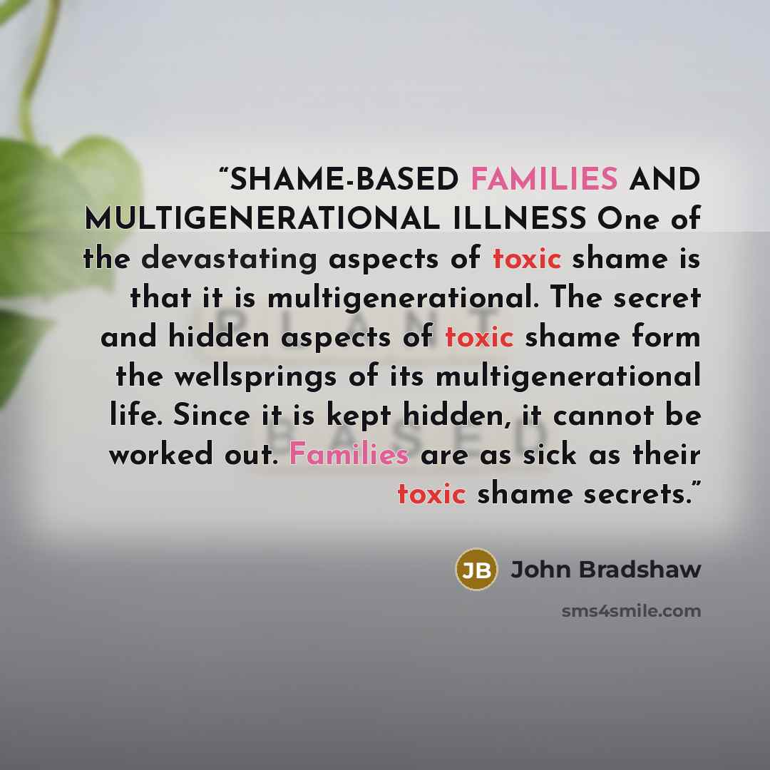 “SHAME-BASED FAMILIES AND MULTIGENERATIONAL ILLNESS One of the devastating aspects of toxic shame is that it is multigenerational. The secret and hidden aspects of toxic shame form the wellsprings of its multigenerational life. Since it is kept hidden, it cannot be worked out. Families are as sick…” quote by John Bradshaw
