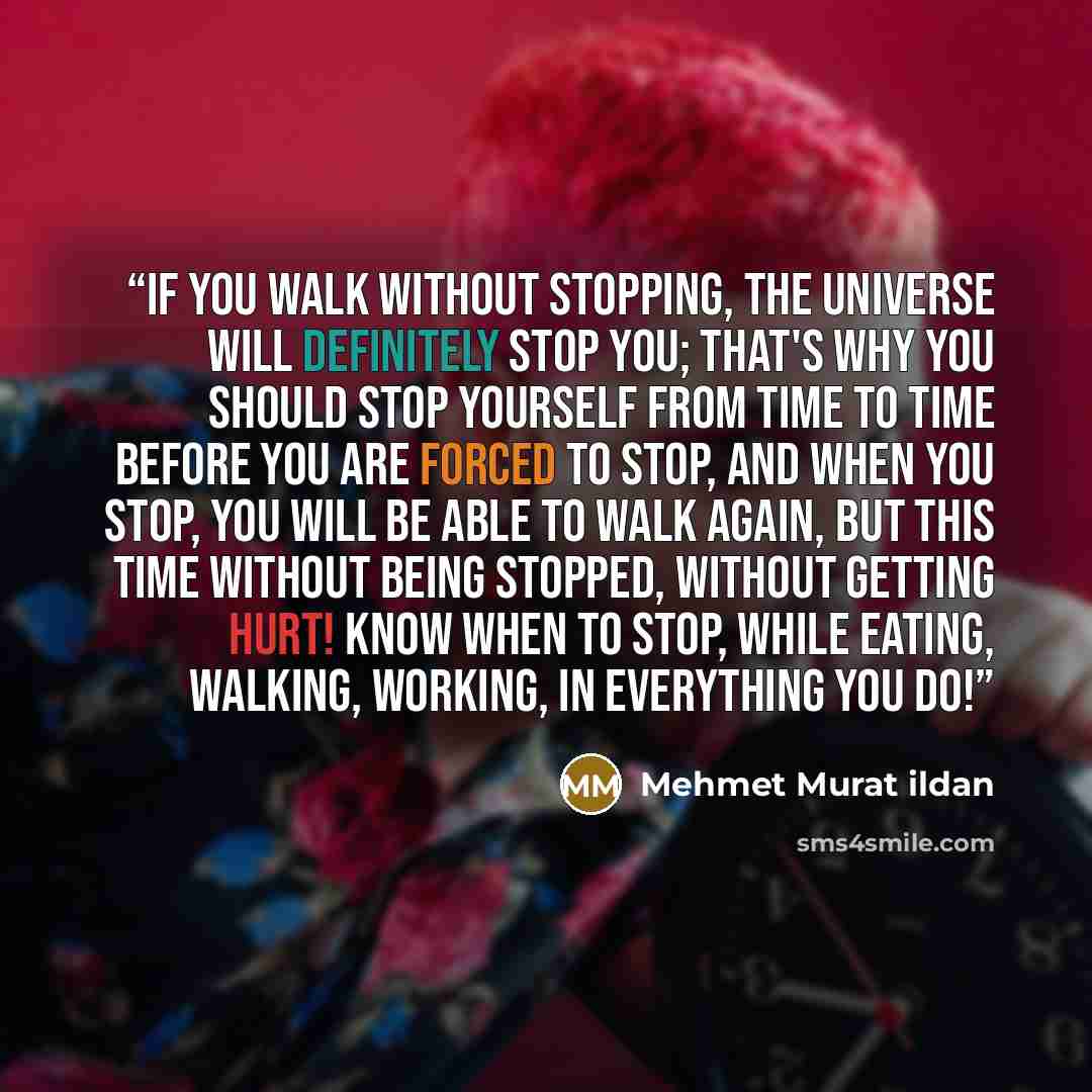 “If you walk without stopping, the universe will definitely stop you; that's why you should stop yourself from time to time before you are forced to stop, and when you stop, you will be able to walk again, but this time without being stopped, without getting hurt! Know when to stop, while eating…” quote by Mehmet Murat ildan