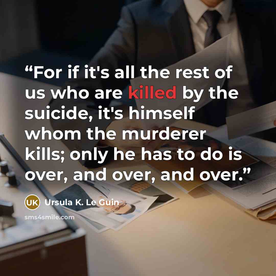 “For if it's all the rest of us who are killed by the suicide, it's himself whom the murderer kills; only he has to do is over, and over, and over.” quote by Ursula K. Le Guin