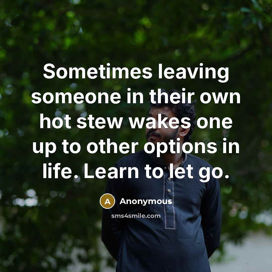 “Sometimes leaving someone in their own hot stew wakes one up to other options in life. Learn to let go.” quote by Anonymous