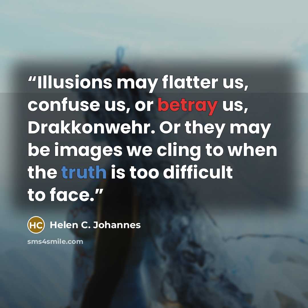 “Illusions may flatter us, confuse us, or betray us, Drakkonwehr. Or they may be images we cling to when the truth is too difficult to face.” quote by Helen C. Johannes
