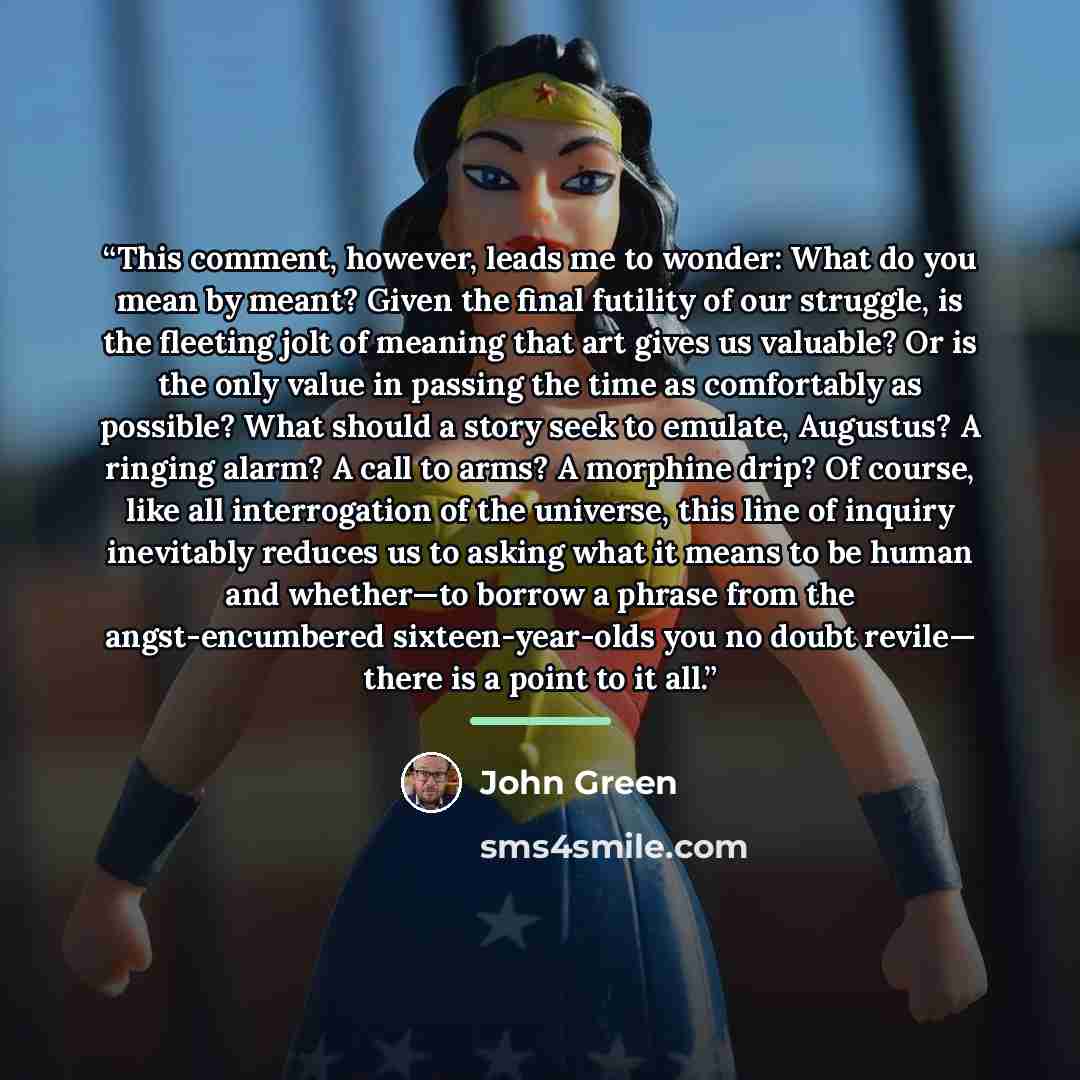 “This comment, however, leads me to wonder: What do you mean by meant? Given the final futility of our struggle, is the fleeting jolt of meaning that art gives us valuable? Or is the only value in passing the time as comfortably as possible? What should a story seek to emulate, Augustus? A ringing…” quote by John Green