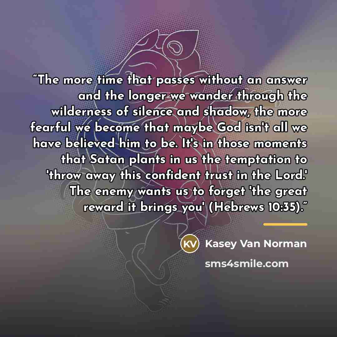 “The more time that passes without an answer and the longer we wander through the wilderness of silence and shadow, the more fearful we become that maybe God isn't all we have believed him to be. It's in those moments that Satan plants in us the temptation to 'throw away this confident trust in the…” quote by Kasey Van Norman