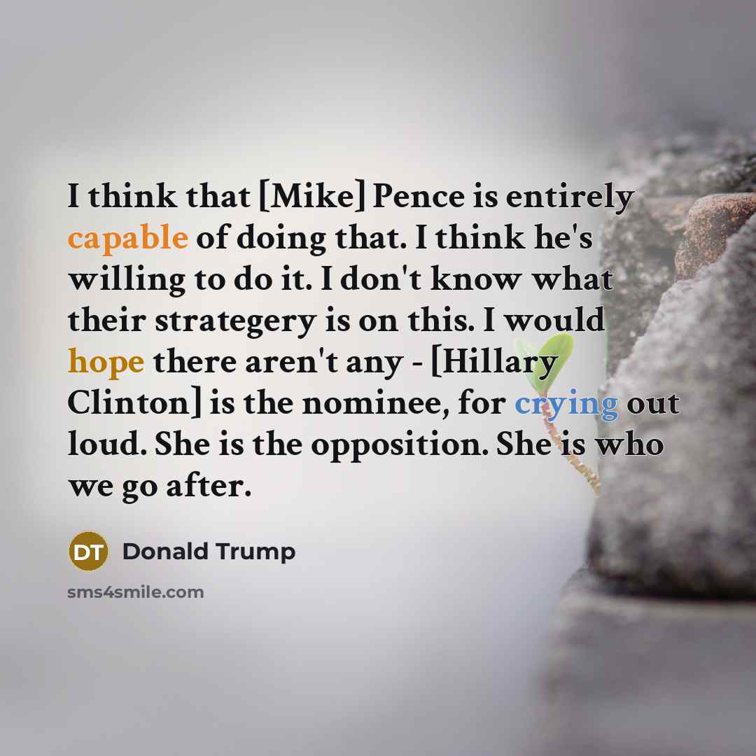 “I think that [Mike] Pence is entirely capable of doing that. I think he's willing to do it. I don't know what their strategery is on this. I would hope there aren't any - [Hillary Clinton] is the nominee, for crying out loud. She is the opposition. She is who we go after.” quote by Donald Trump