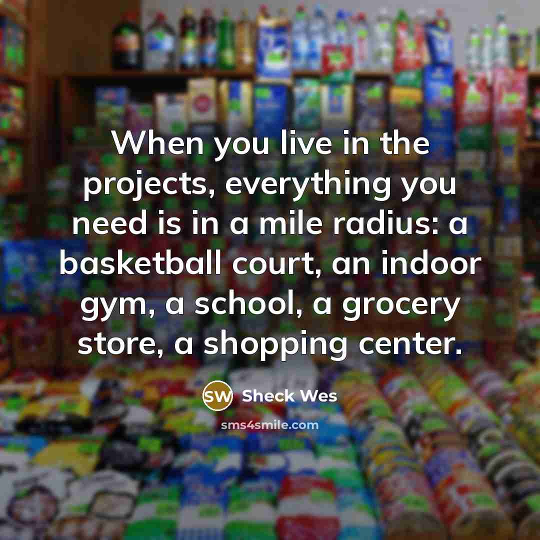 “When you live in the projects, everything you need is in a mile radius: a basketball court, an indoor gym, a school, a grocery store, a shopping center.” quote by Sheck Wes