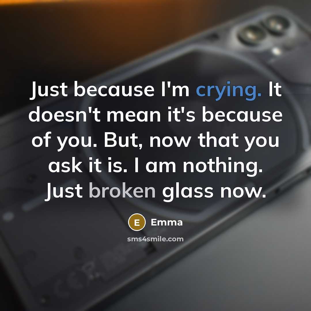 “Just because I'm crying. It doesn't mean it's because of you. But, now that you ask it is. I am nothing. Just broken glass now.” quote by Emma