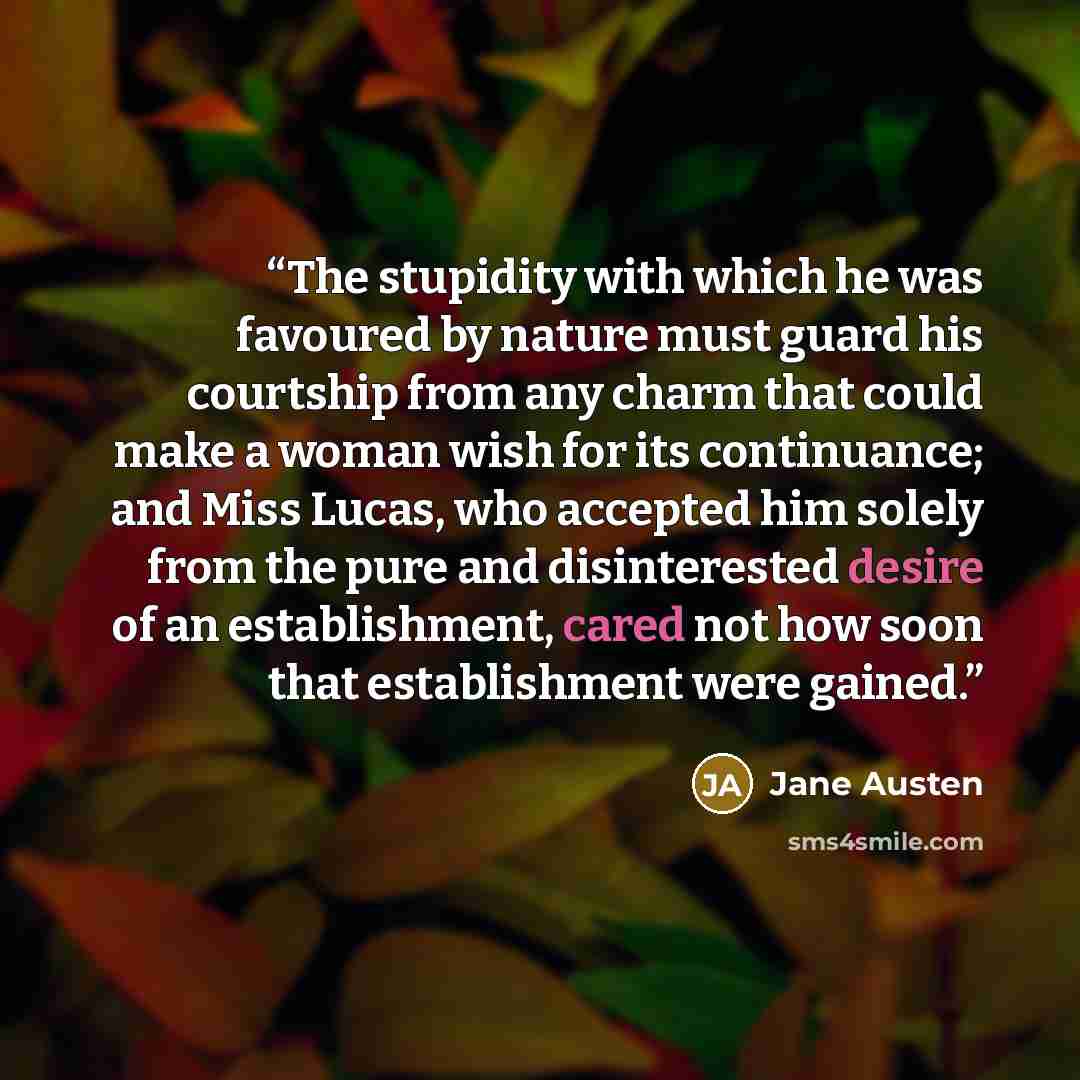 “The stupidity with which he was favoured by nature must guard his courtship from any charm that could make a woman wish for its continuance; and Miss Lucas, who accepted him solely from the pure and disinterested desire of an establishment, cared not how soon that establishment were gained.” quote by Jane Austen