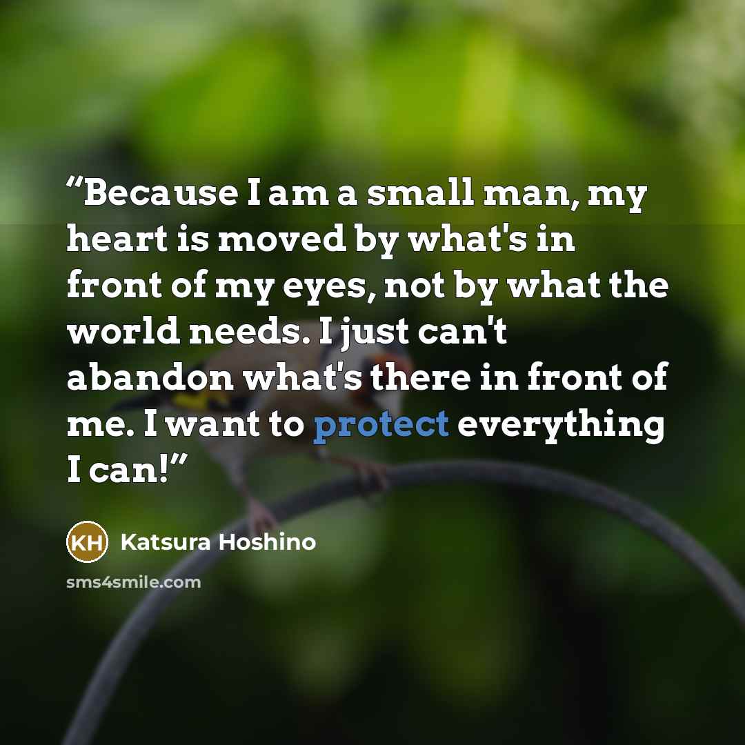 “Because I am a small man, my heart is moved by what's in front of my eyes, not by what the world needs. I just can't abandon what's there in front of me. I want to protect everything I can!” quote by Katsura Hoshino