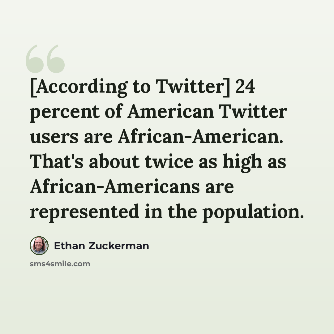 “[According to Twitter] 24 percent of American Twitter users are African-American. That's about twice as high as African-Americans are represented in the population.” quote by Ethan Zuckerman