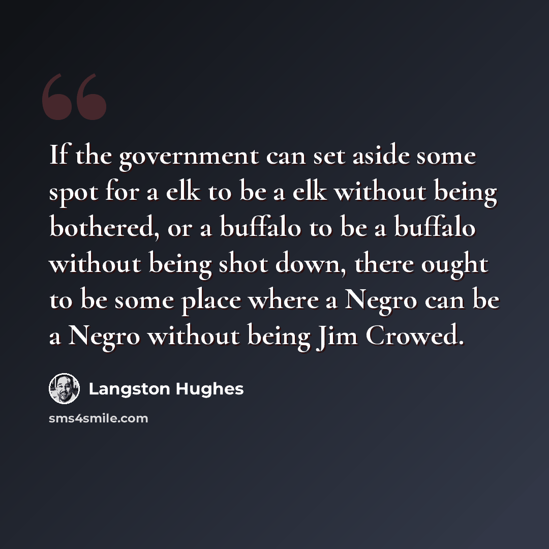 “If the government can set aside some spot for a elk to be a elk without being bothered, or a buffalo to be a buffalo without being shot down, there ought to be some place where a Negro can be a Negro without being Jim Crowed.” quote by Langston Hughes