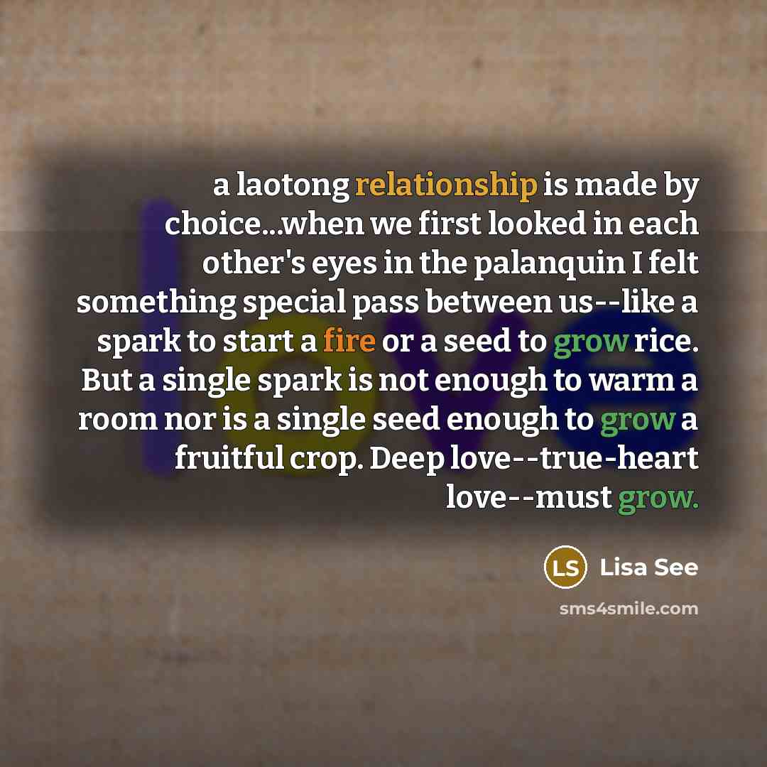 “a laotong relationship is made by choice...when we first looked in each other's eyes in the palanquin I felt something special pass between us--like a spark to start a fire or a seed to grow rice. But a single spark is not enough to warm a room nor is a single seed enough to grow a fruitful crop…” quote by Lisa See