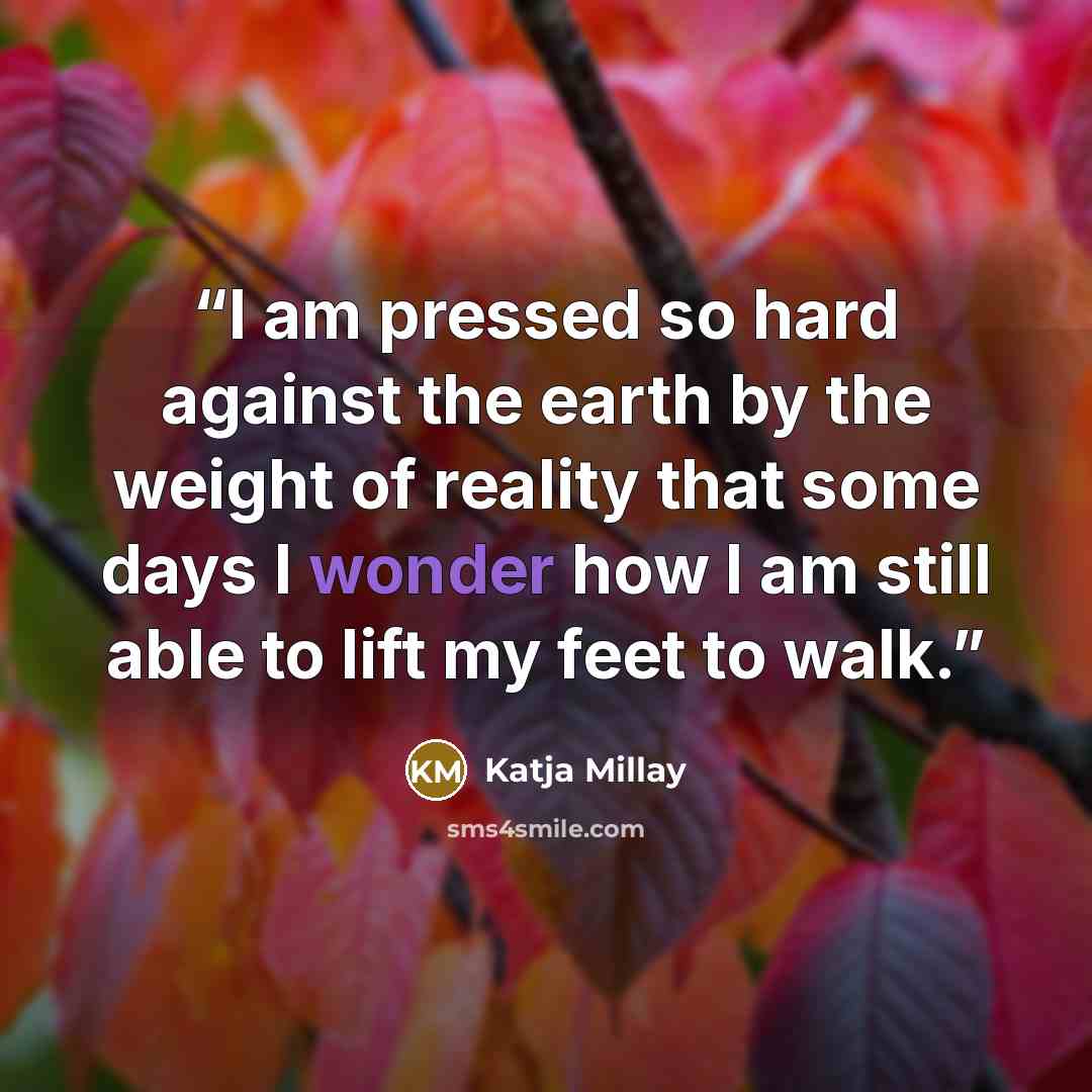 “I am pressed so hard against the earth by the weight of reality that some days I wonder how I am still able to lift my feet to walk.” quote by Katja Millay