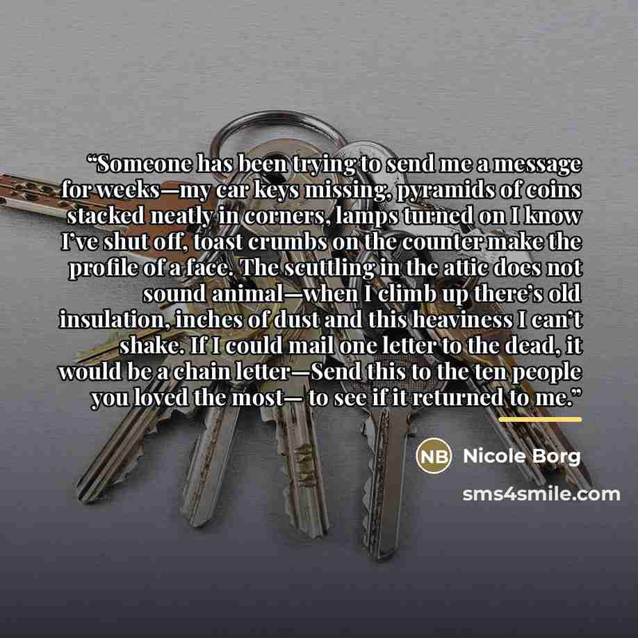 “Someone has been trying to send me a message for weeks—my car keys missing, pyramids of coins stacked neatly in corners, lamps turned on I know I’ve shut off, toast crumbs on the counter make the profile of a face. The scuttling in the attic does not sound animal—when I climb up there’s old…” quote by Nicole Borg