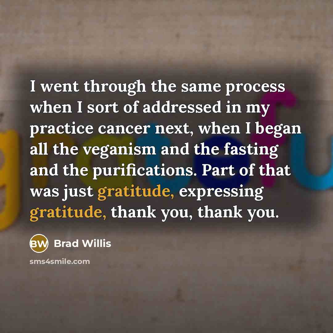 “I went through the same process when I sort of addressed in my practice cancer next, when I began all the veganism and the fasting and the purifications. Part of that was just gratitude, expressing gratitude, thank you, thank you.” quote by Brad Willis