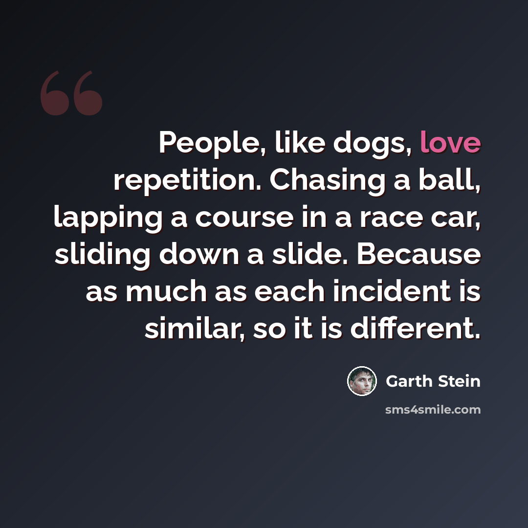 “People, like dogs, love repetition. Chasing a ball, lapping a course in a race car, sliding down a slide. Because as much as each incident is similar, so it is different.” quote by Garth Stein